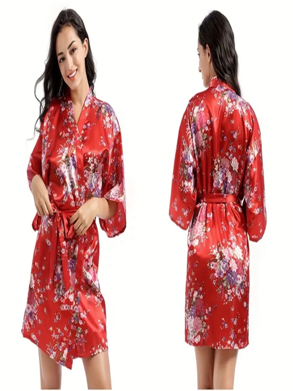 Red Floral Satin Kimono Robe with Pink & Purple Flowers